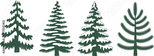 Set of green coniferous pine and spruce trees including snowy winter fir silhouettes for forest landscape design and christmas vector illustration