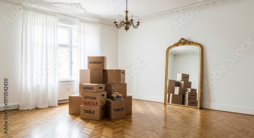 Moving boxes in empty room with mirror