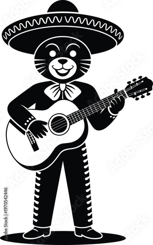 Cartoon black cat wearing a sombrero and mariachi suit playing guitar