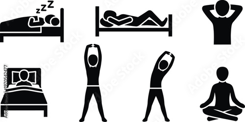 Black silhouette icons depicting various stages of sleep and wellness