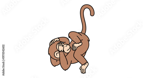 Brown monkey hanging upside down playfully.