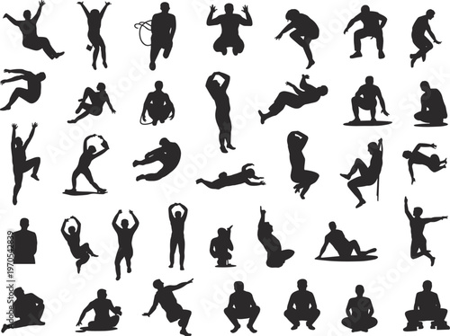 Jumping people silhouettes, dynamic poses, action figures, motion set, vector illustration