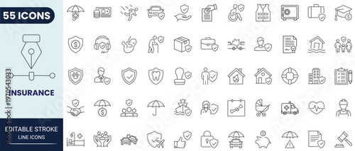 Insurance icon set in outline style. Editable stroke. Vector icon collection.