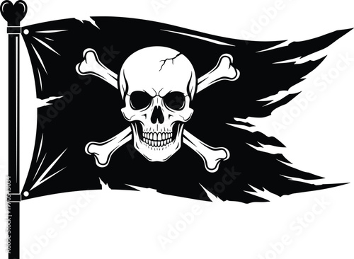 pirate flag skull illustration, jolly roger symbol, crossbones danger sign, vintage nautical banner, black flag design, sea outlaw emblem