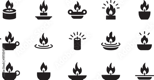 Black silhouette icons of various burning candles and oil lamps