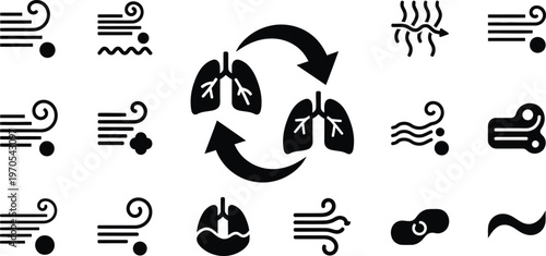 Respiratory system icons lungs breathing and airflow representation