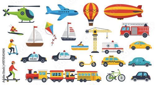 Large collection of colorful transportation vehicles and transport icons in flat design style isolated