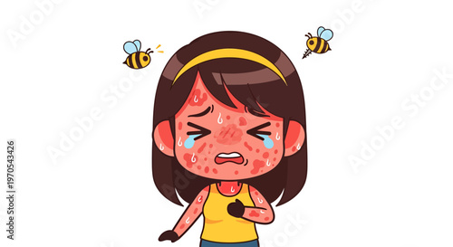 Crying Girl with Severe Allergic Reaction from Bee Sting Vector Illustration, Cartoon Style Graphic for Health and Medical Allergy Awareness