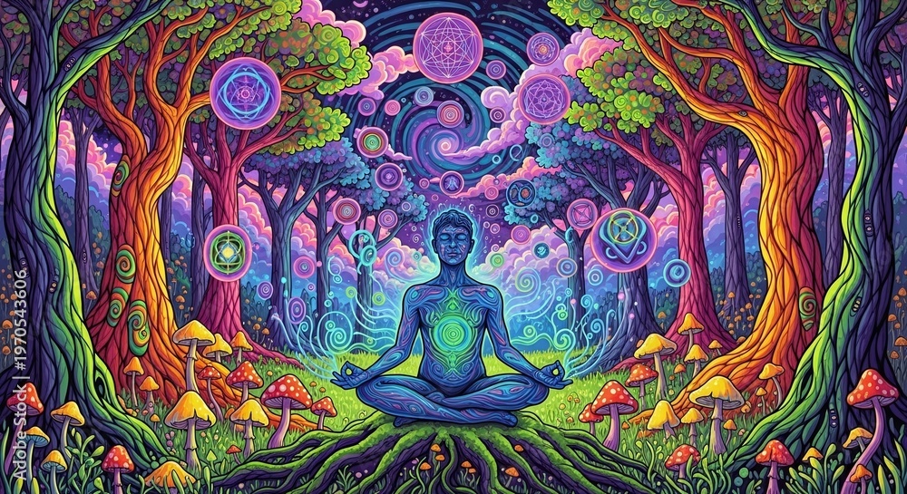 Obraz premium Spiritual meditation with cosmic energy and floating orbs