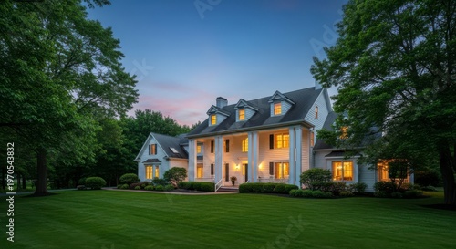 Luxury modern mansion at dusk with warm lighting and lush green lawn in suburban neighborhood