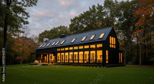 Modern black timber-clad house with large windows glowing warmly at dusk in autumn woodland setting
