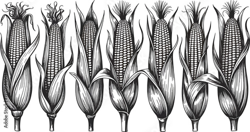 Set of Stylized Wheat Ears Illustration Featuring Detailed Grain Textures and Botanical Element