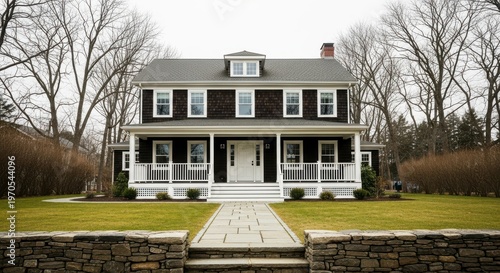traditional two-story house with white porch and dark shutters