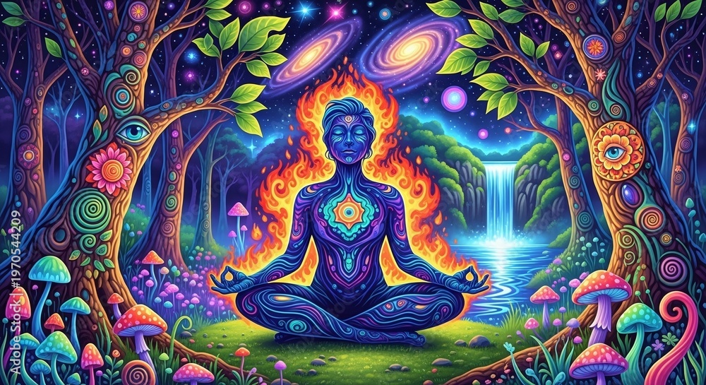 Fototapeta premium Visionary art of meditation in a magical glowing forest