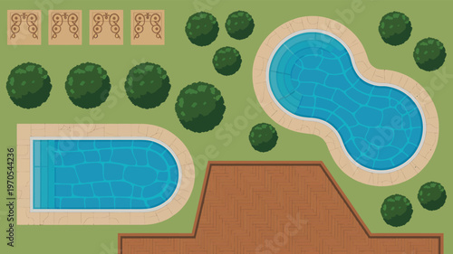 Top View Architectural Landscape Plan Featuring Two Swimming Pools and Trees in a Garden Settin