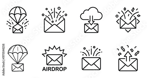 Airdrop and email icons with parachutes clouds and celebratory effects vector set