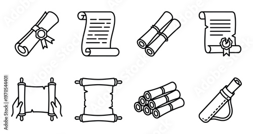 Ancient paper scroll and document icons set for historical and legal concepts with parchment texture