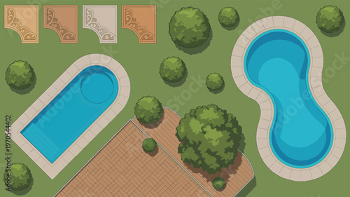 Top View Vector Illustration of Swimming Pools with Landscaping Trees and Paving Floor Tiles