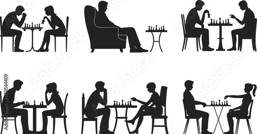 People silhouettes playing chess sitting at table strategic game competition vector