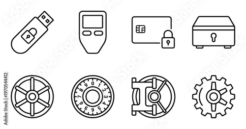 Bank vault and security hardware icons including usb drives credit cards and combination lock dials