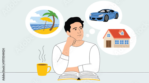 Young Man Sitting at a Desk Dreaming About Vacation Travel Sports Car and a New Family Home