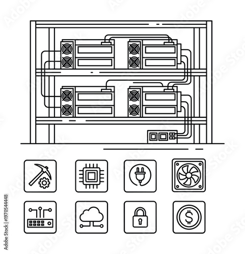 Bitcoin mining farm with computer hardware equipment technology for cryptocurrency and digital money