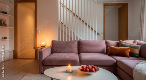 Cozy living room with mauve couch, coffee table, and staircase
