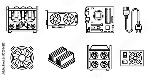 Computer hardware components and cooling solutions outline icons set for technology themes