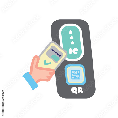 スマホのモバイルICカードでQR対応改札を通るイラスト