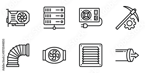Computer hardware icons for gaming, mining and data processing isolated on transparent background vector