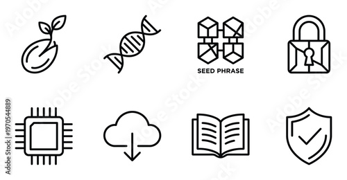 Crypto seed phrase and digital security line icons set for blockchain private key storage protection