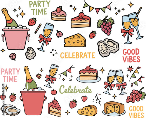 Playful Party Celebration Festive Food and Drinks, Illustration Doodle Cartoon Collection
