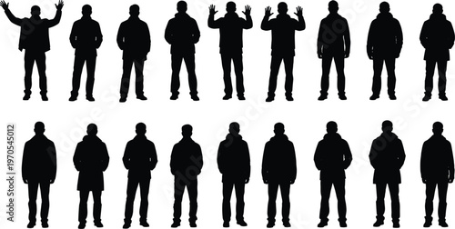 Male people silhouettes collection standing poses, different gestures including raised hands, casual outfits, human figures set vector illustration isolated