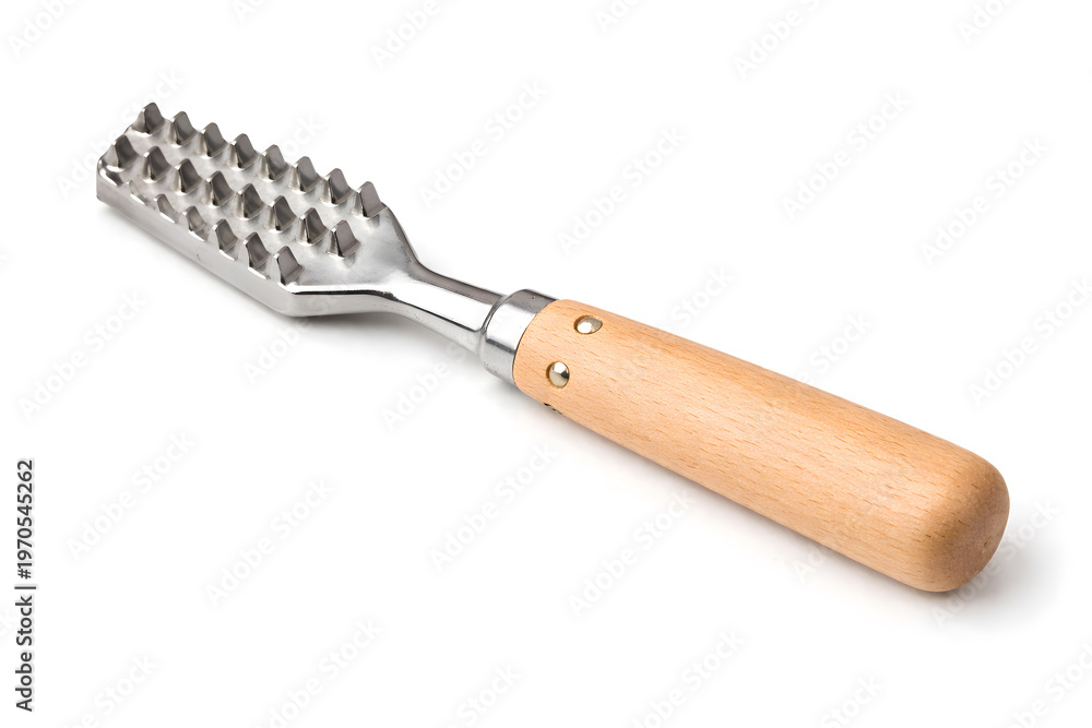 Obraz premium Stainless Steel Fish Scaler with Wooden Handle, Seafood Cleaning Tool for Kitchen Preparation Isolated on White Background