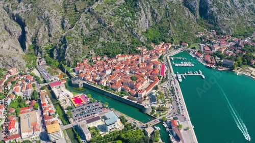 Aerial view across Kotor Old Town Montenegro, UNESCO Medieval Buildings and Fortresses
