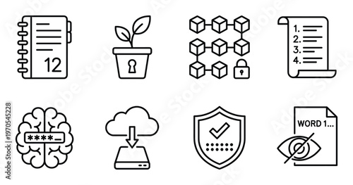 Cryptocurrency wallet protection and recovery security icons including cloud backup and seed phrases