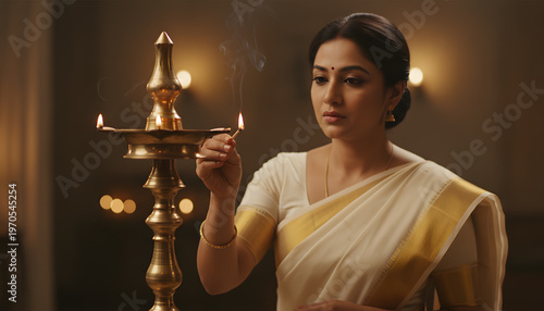 Woman lighting a traditional brass oil lamp