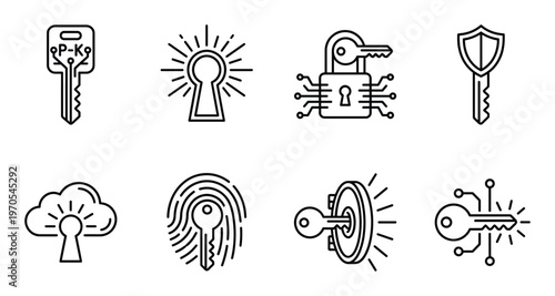 Cyber security icons with digital keys, secure locks, circuit boards, and cloud access symbols