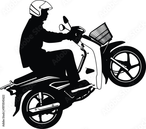 Motorcycle rider silhouette performing wheelie stunt, helmeted driver on scooter bike, urban transport action, modern delivery concept vector illustrationMotorcycle rider silhouette performing  