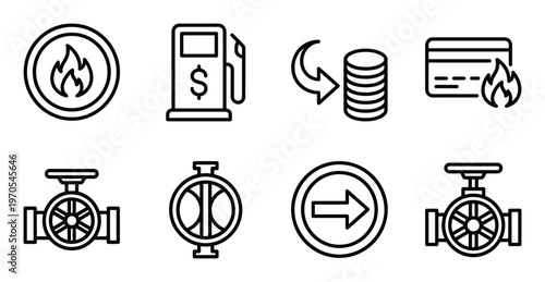 Energy and fuel consumption outline icons with gas pump and coin exchange symbols