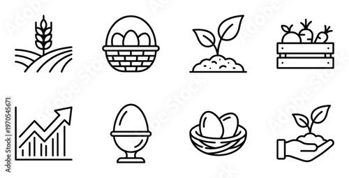 Farming harvest and poultry production icons featuring eggs basket and plant cultivation in garden