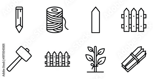 Garden fencing and boundary line icons set featuring wooden stakes mallet and plants in line style