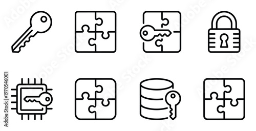 Information security and access management icons with keys puzzle pieces database and computer chips