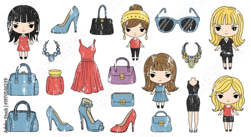 Cute Chibi Dolls and Fashion Accessories Vector Illustration with Grunge Texture, Distressed Style Graphic for Lifestyle and Design Projects
