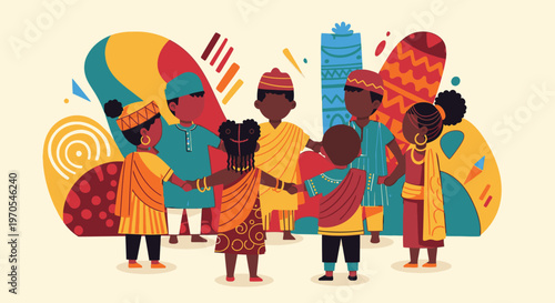 A vibrant group of people from diverse cultures gather in a city, celebrating unity and social issues with colorful abstract designs.