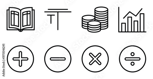 Mathematical operation line icons set. plus, minus, multiply, divide, book, money, chart