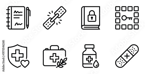 Medical first aid and security symbols featuring healthcare insurance notebook and pharmacy icons set