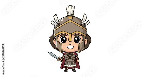 Cute Chibi Roman Soldier Vector Illustration with Helmet and Sword, Smiling Cartoon Warrior Character for Historical Games and Educational Content