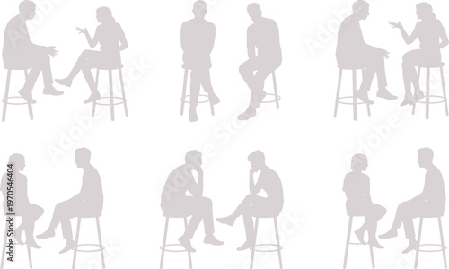 People sitting and talking silhouettes interview conversation set flat vector illustration