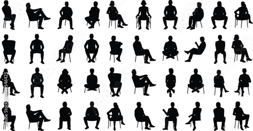 People sitting silhouettes collection chair poses various front view business lifestyle flat vector
